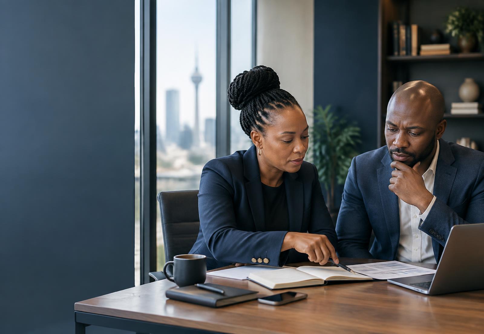 Black South African finance professionals reviewing financial reports